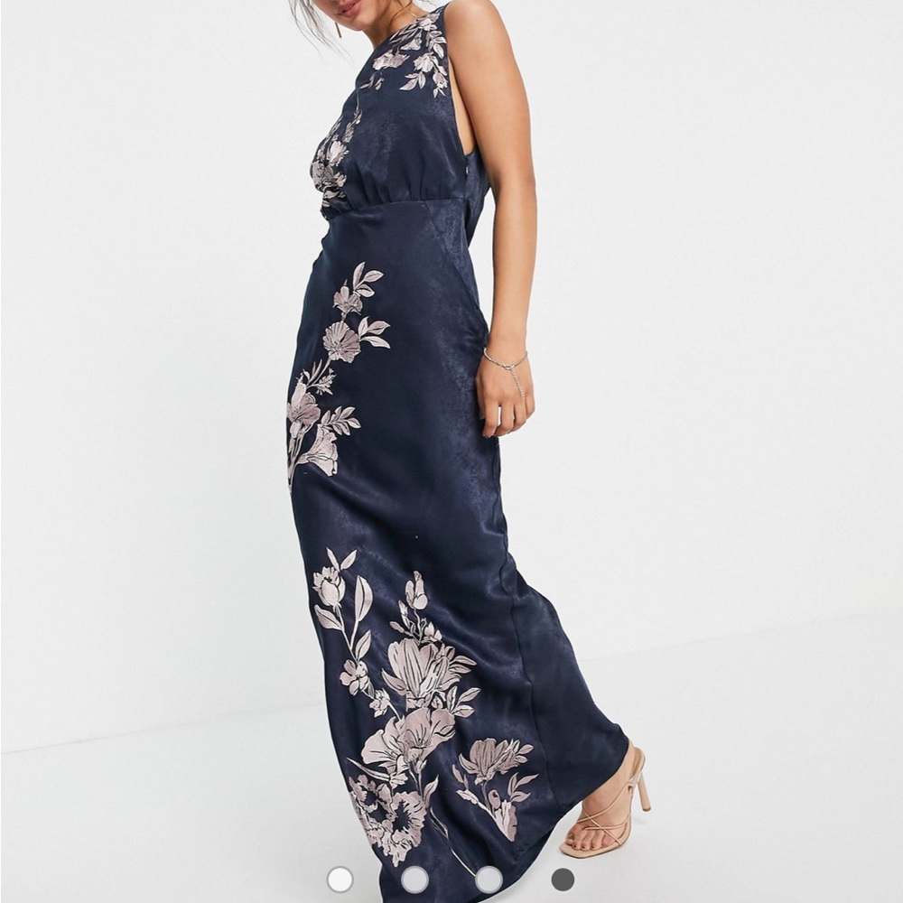 ASOS DESIGN satin midi dress with floral embroidery and cowl back